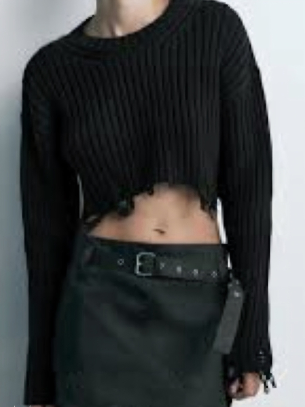 Zara Black Ribbed Crewneck Sweater with Distressed Fringe